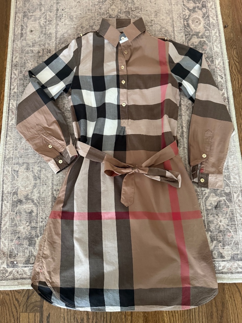 Burberry Kelsey Exploded Check Belted Cotton Shirt Dress- Size L - Picture 1 of 8
